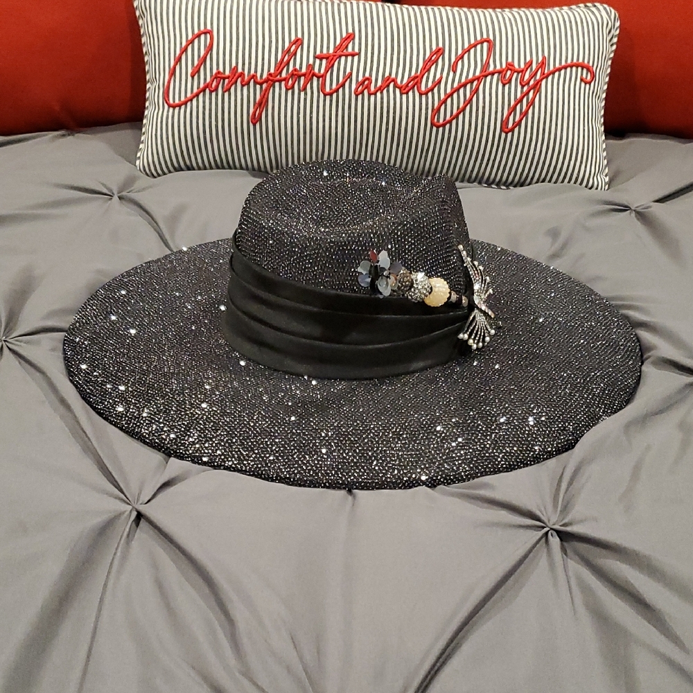 Chic Black Sequin Wide-Brim Hat with Floral Accent